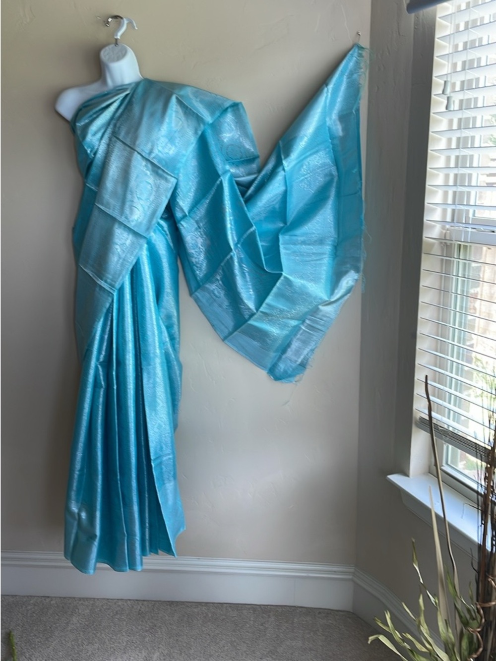 Turquoise Shimmer Saree - Lightweight Satin-Look Draped Fabric